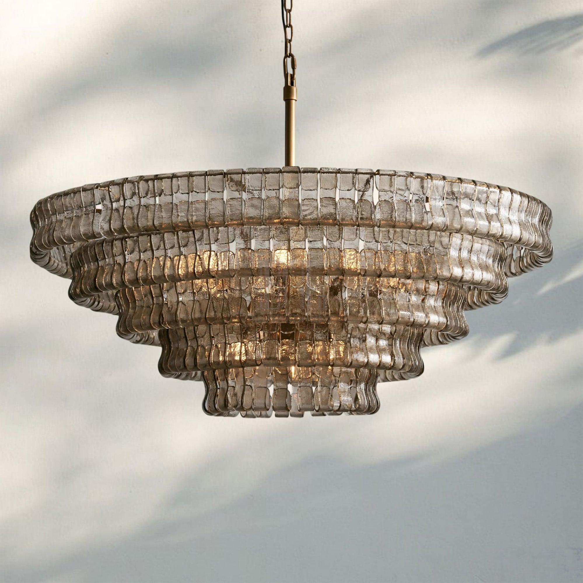 Ghiacio Glass Round Chandelier 24" 36" 48" 60"-5-Tier 48"-Brass-Smoke