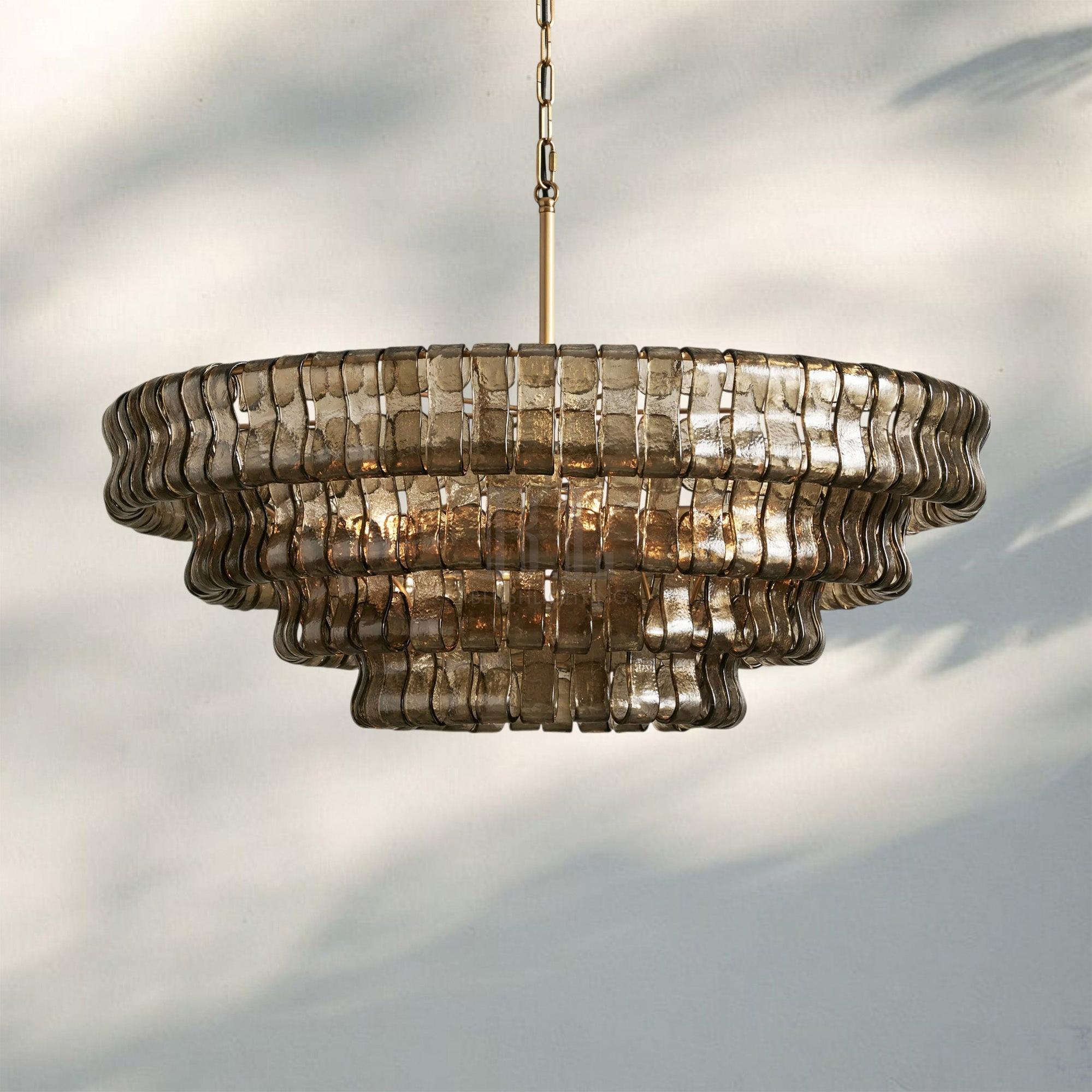 Ghiacio Glass Round Chandelier 24" 36" 48" 60"-3-Tier 24"-Brass-Smoke