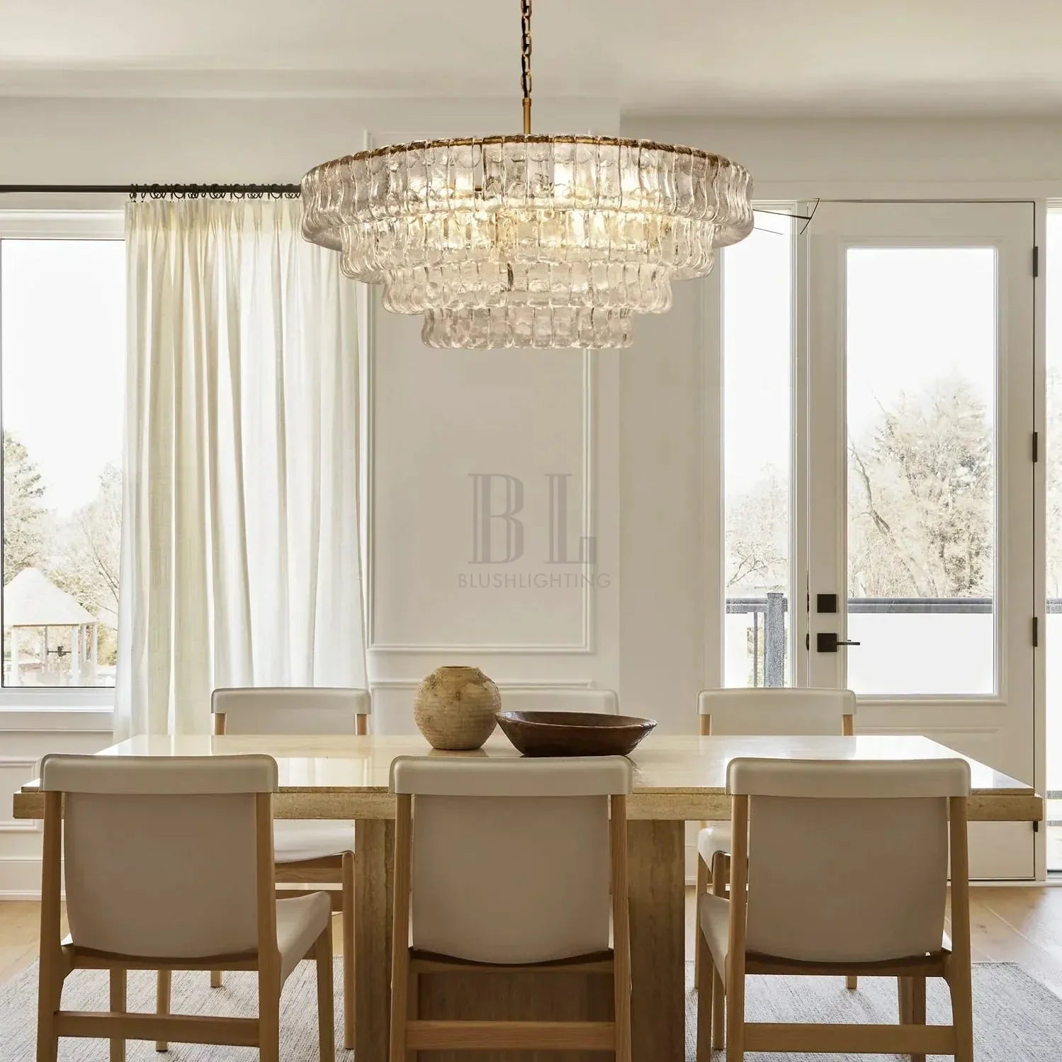 Ghiacio Glass Round Chandelier 24" 36" 48" 60"-3-Tier 24"-Brass-Clear