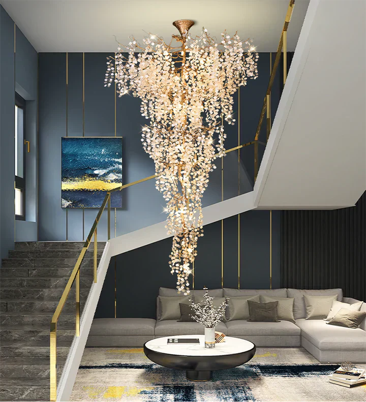 Modern Unique Artistic Flower Brass Branch Semi-flush Mount Chandelier for Living Room/ Hallway/ Entryway/ Staircase-Chandeliers-Blushlighting