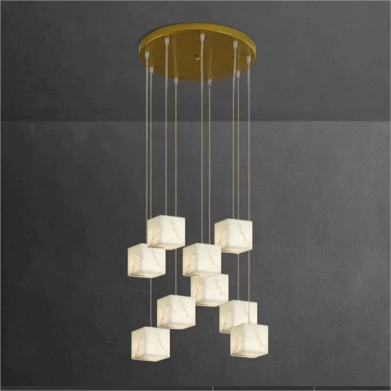 Olive Alabaster Cubic Round Pendant For Dining Table, Staircase Chandeliers Kevin Studio Inc 9-Light