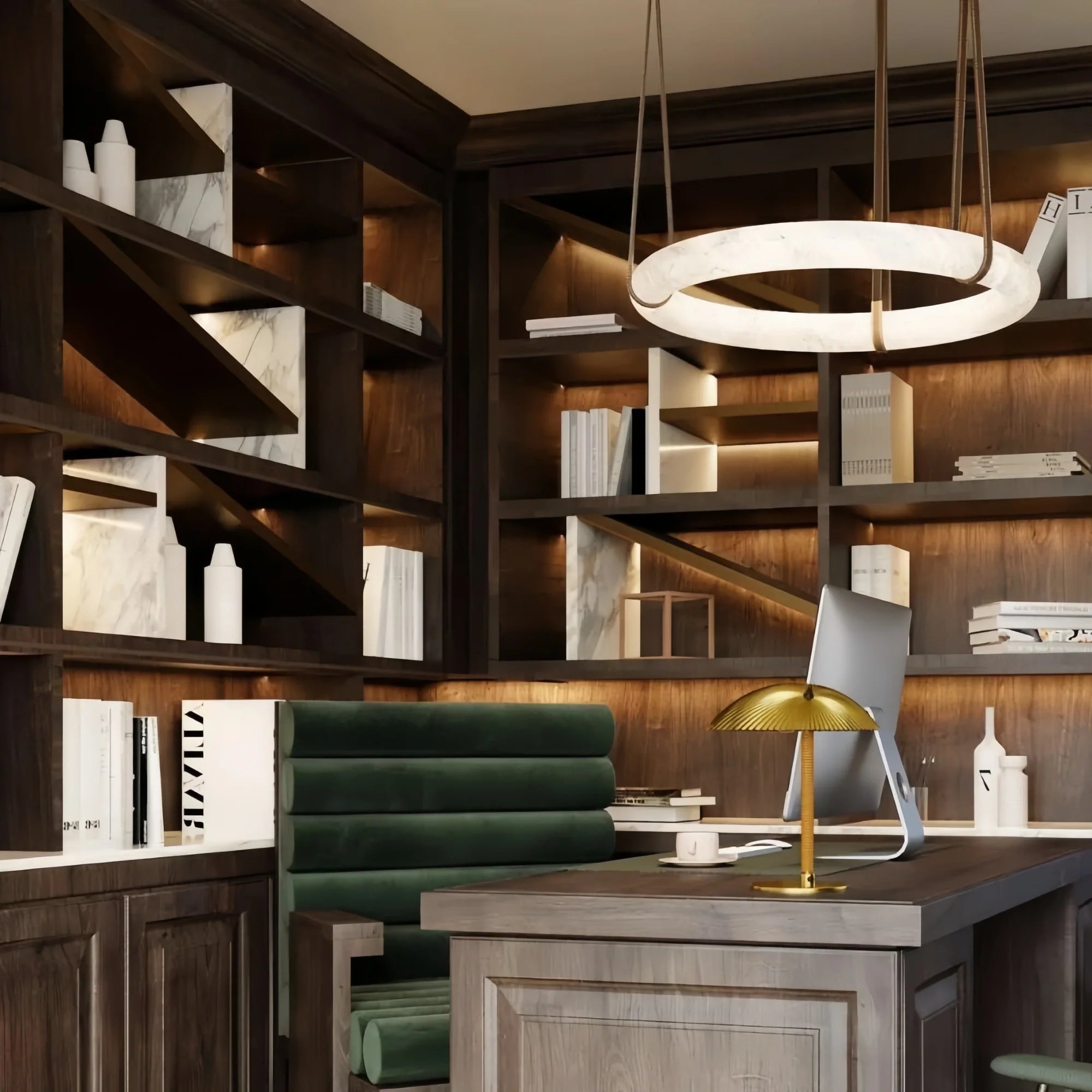 Oslo L1P Pendant Alabaster Chandelier, Halo Ring Chandelier With canopy Over Dining Table-Chandelier-45'' D Single Ring-Blushlighting