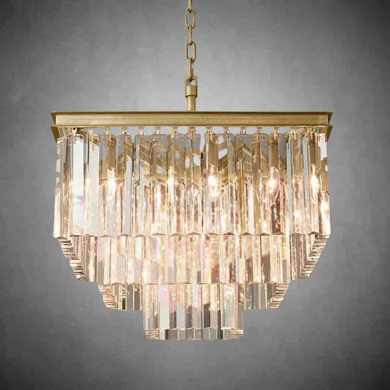 1920s Odaon Crystal Square Chandelier 22" 34" 47"-22''-Lacquered Burnished Brass-
