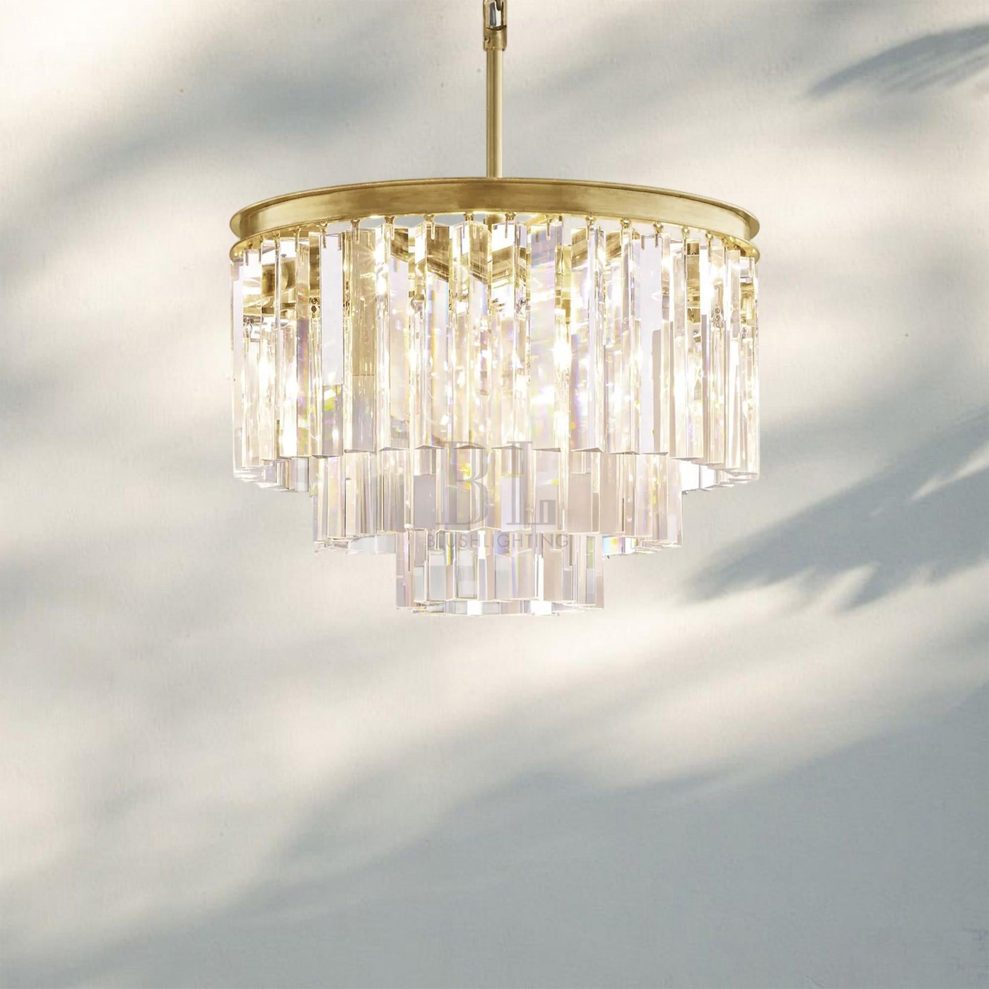 1920s Odaon Multi Tierd Round Chandelier 20"32"44"-20''-Lacquered Burnished Brass-