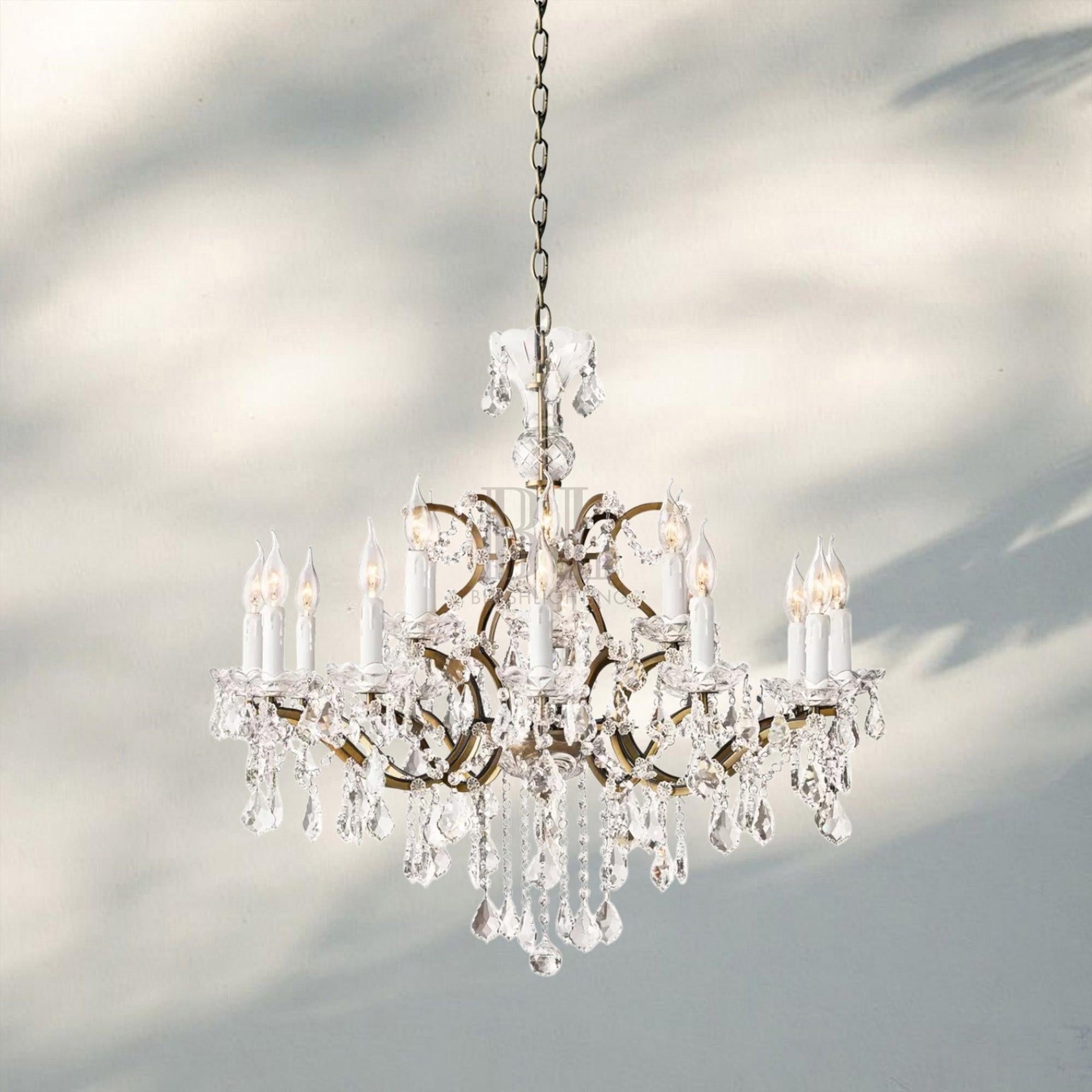 19th C. Rococa Iron & Crystal Round Chandelier 33"-Antiqued Brass-