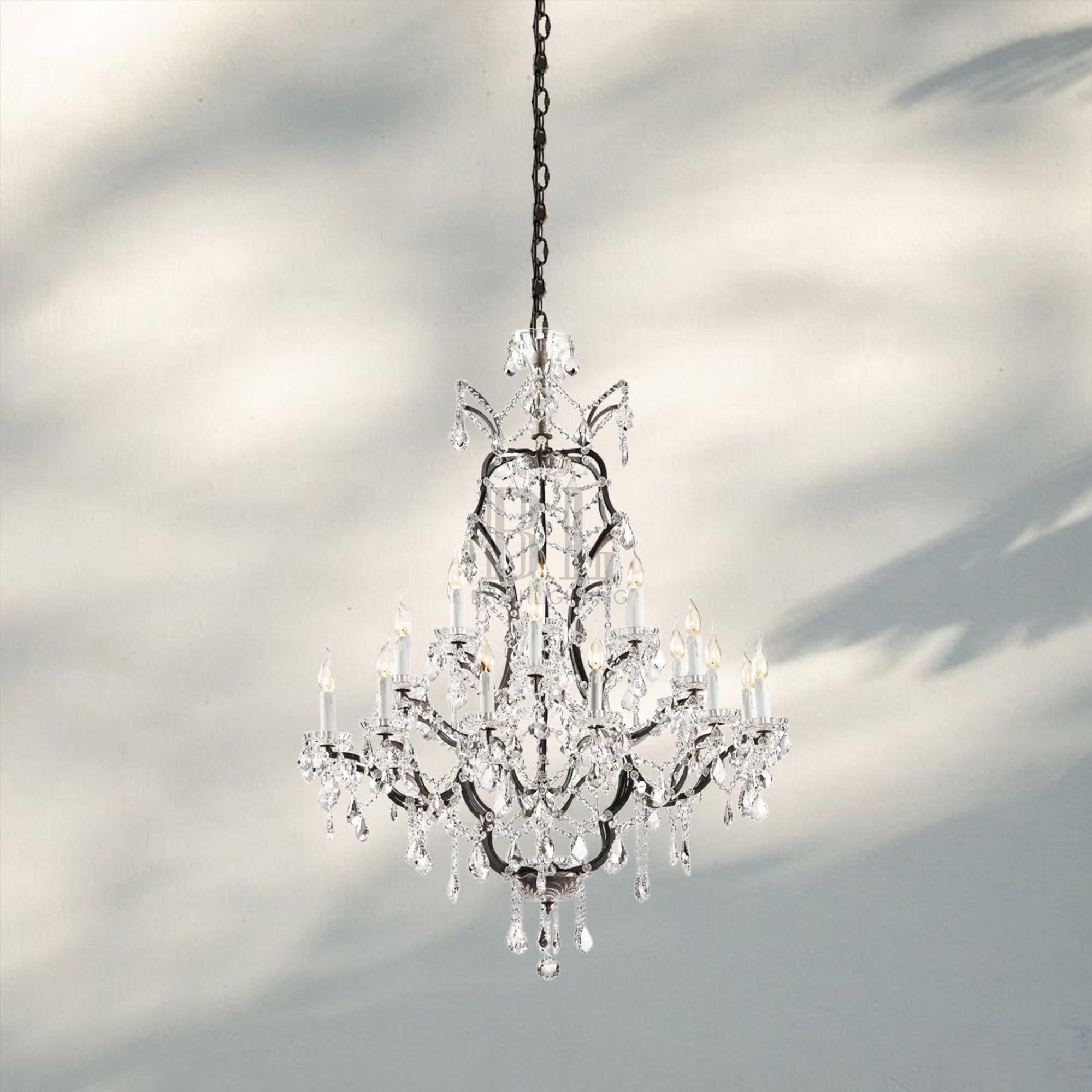 19th C. Rococa Iron & Crystal Round Chandelier 40"-Rustic Iron-