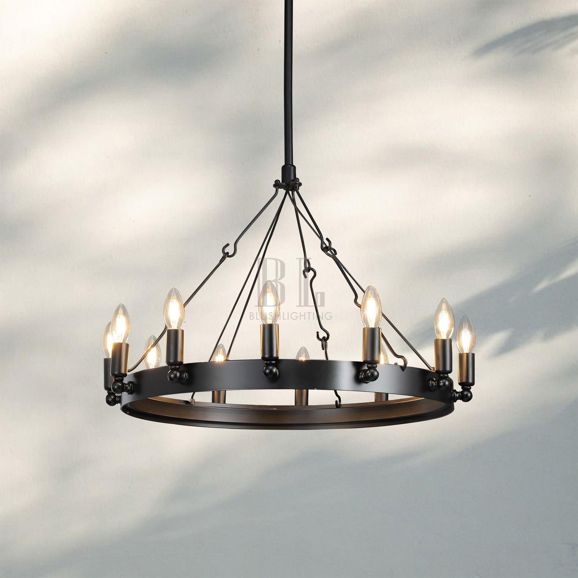 Camina Luxury Vintage Round Chandelier-Round 26'' 12-Light-Matte Black-Candelabra