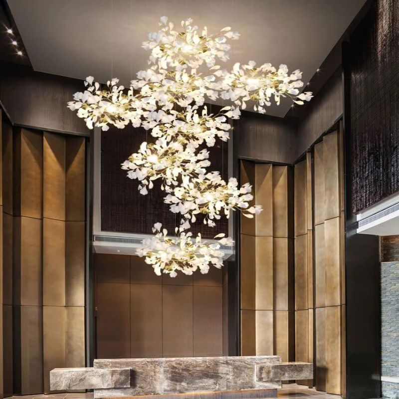 Ceramic Ginkgo Cascading Chandelier-chandeliers for dining room,chandeliers for stairways,chandeliers for foyer,chandeliers for bedrooms,chandeliers for kitchen,chandeliers for living room-79"H-White + gold accents-Blushlighting