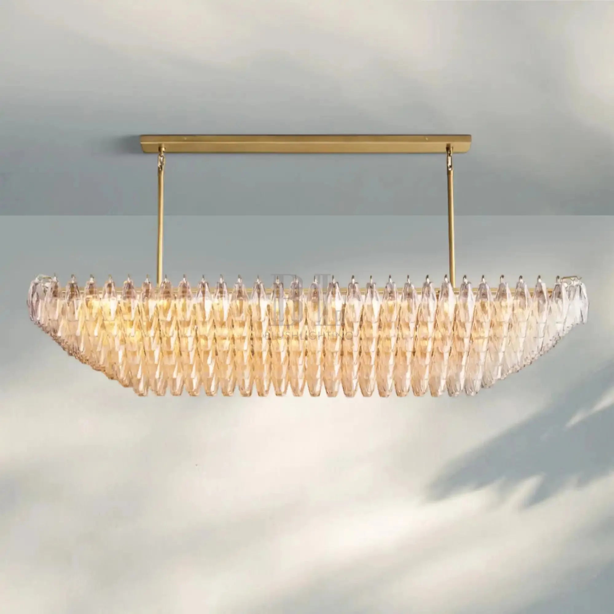 Chiare Glass Tiered Rectangular Chandelier 54'' 74''-75''-Lacquered Burnished Brass-Clear