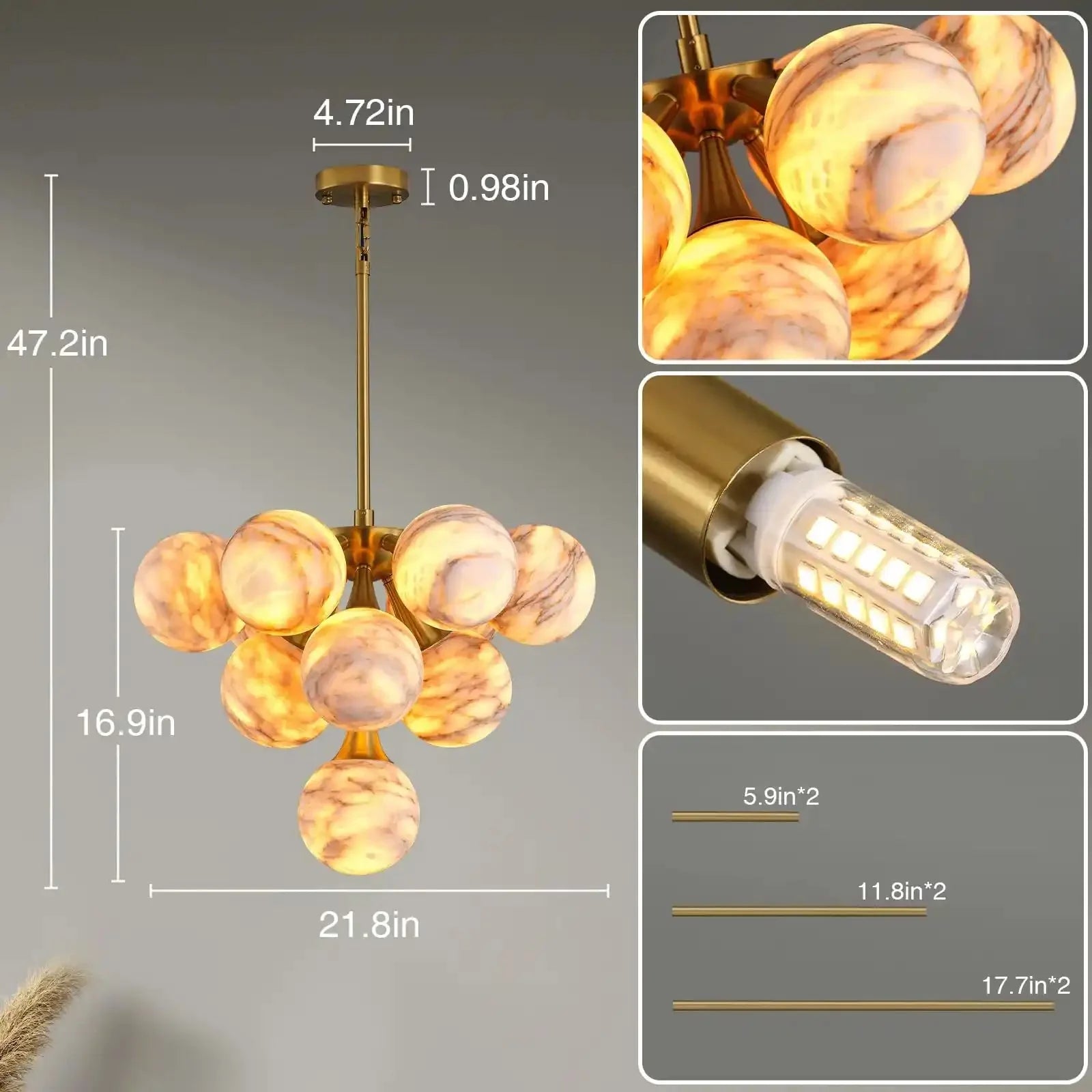 Mid Century Modern Sputnik 12 Light Gold Alabaster Globe Chandelier - Blushlighting