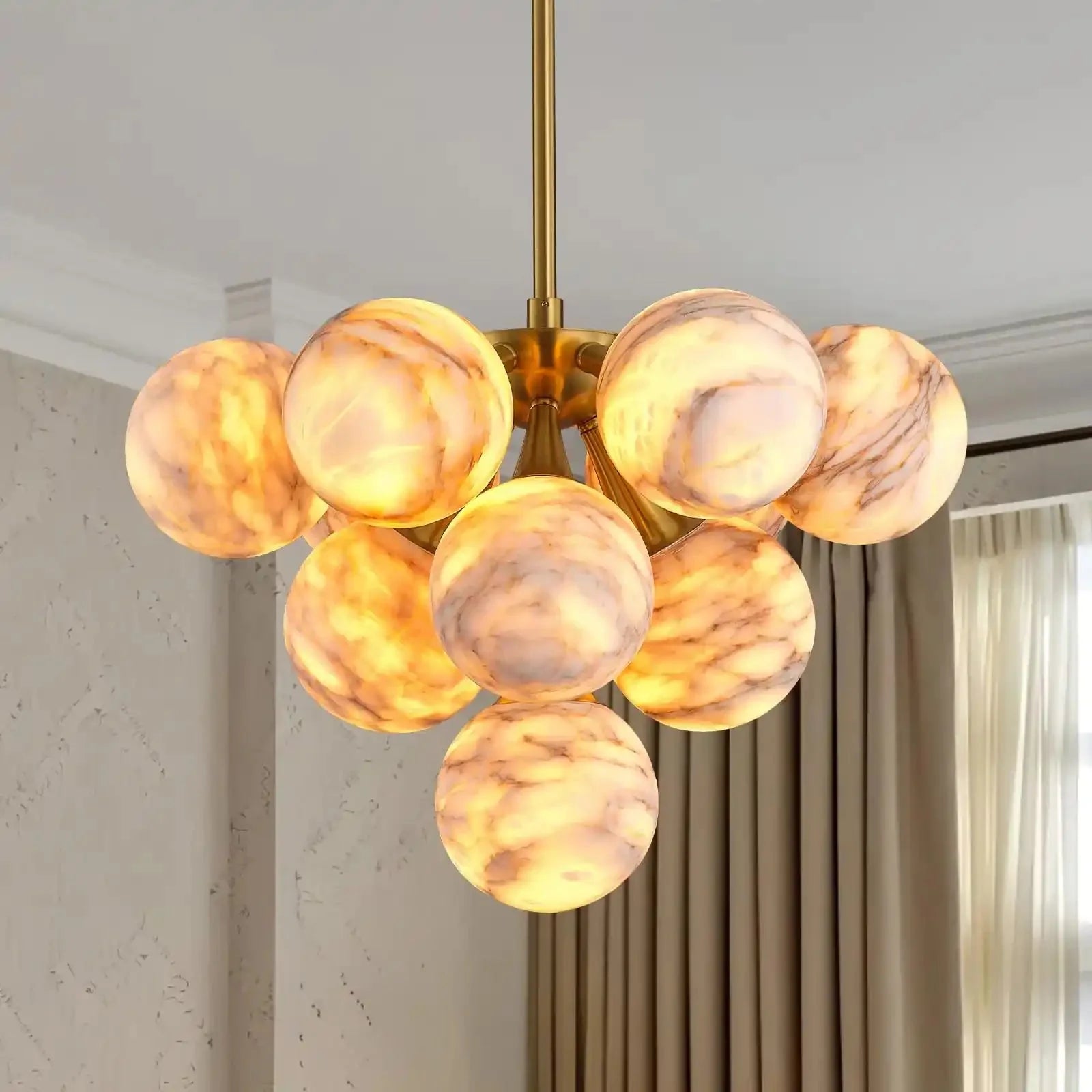 Mid Century Modern Sputnik 12 Light Gold Alabaster Globe Chandelier - Blushlighting