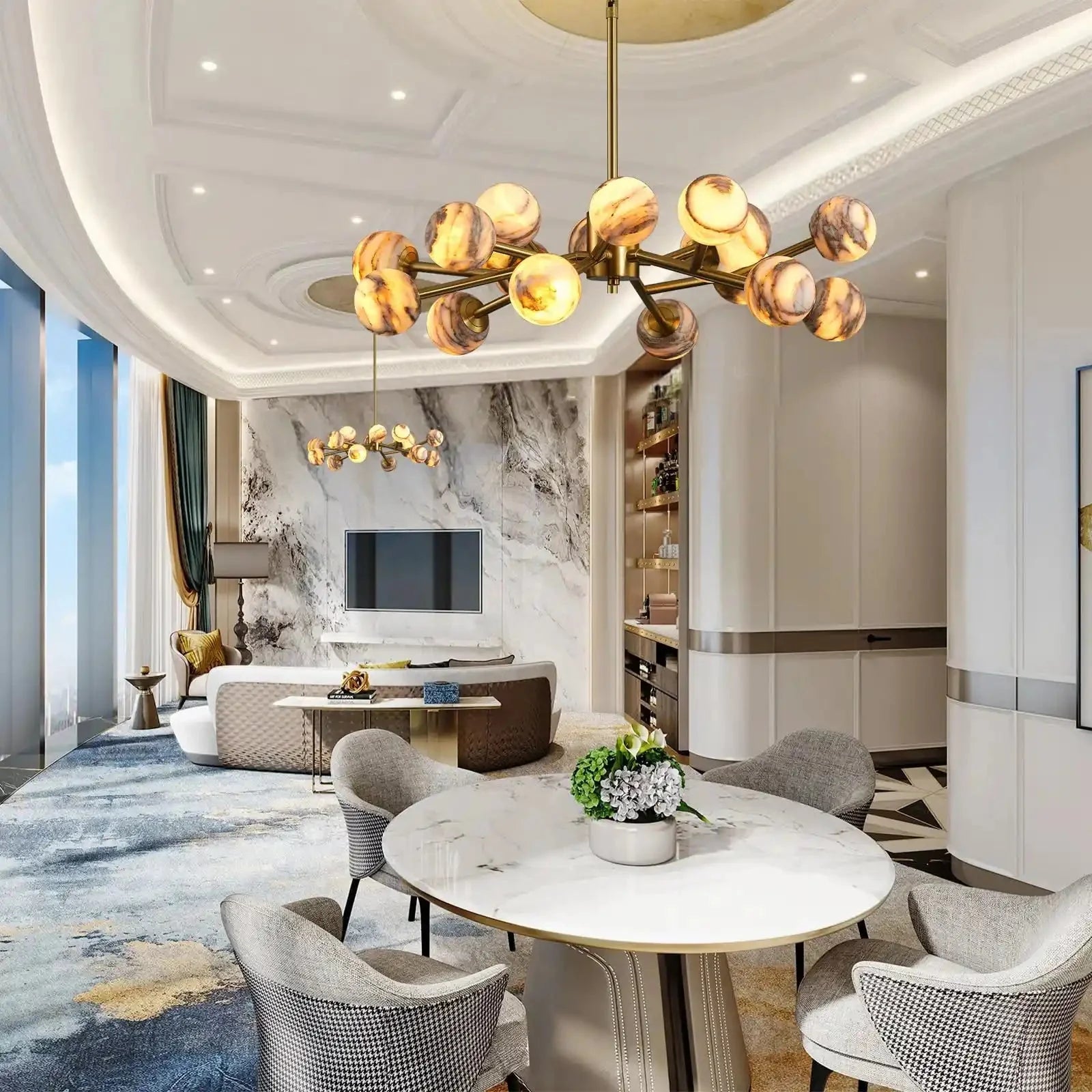 Mid Century Modern Sputnik 12 Light Gold Alabaster Globe Chandelier - Blushlighting