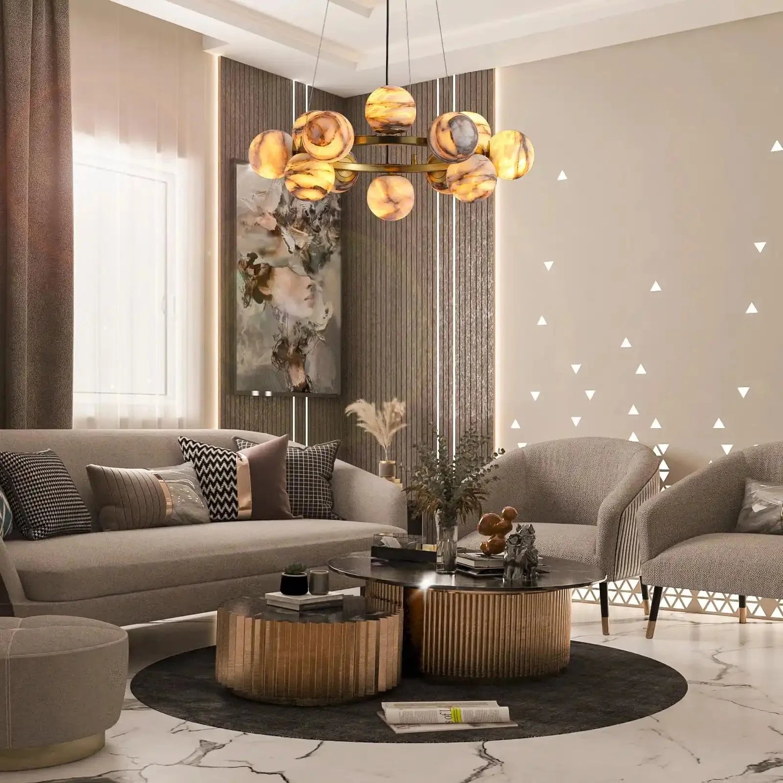 Mid Century Modern Sputnik 12 Light Gold Alabaster Globe Chandelier - Blushlighting