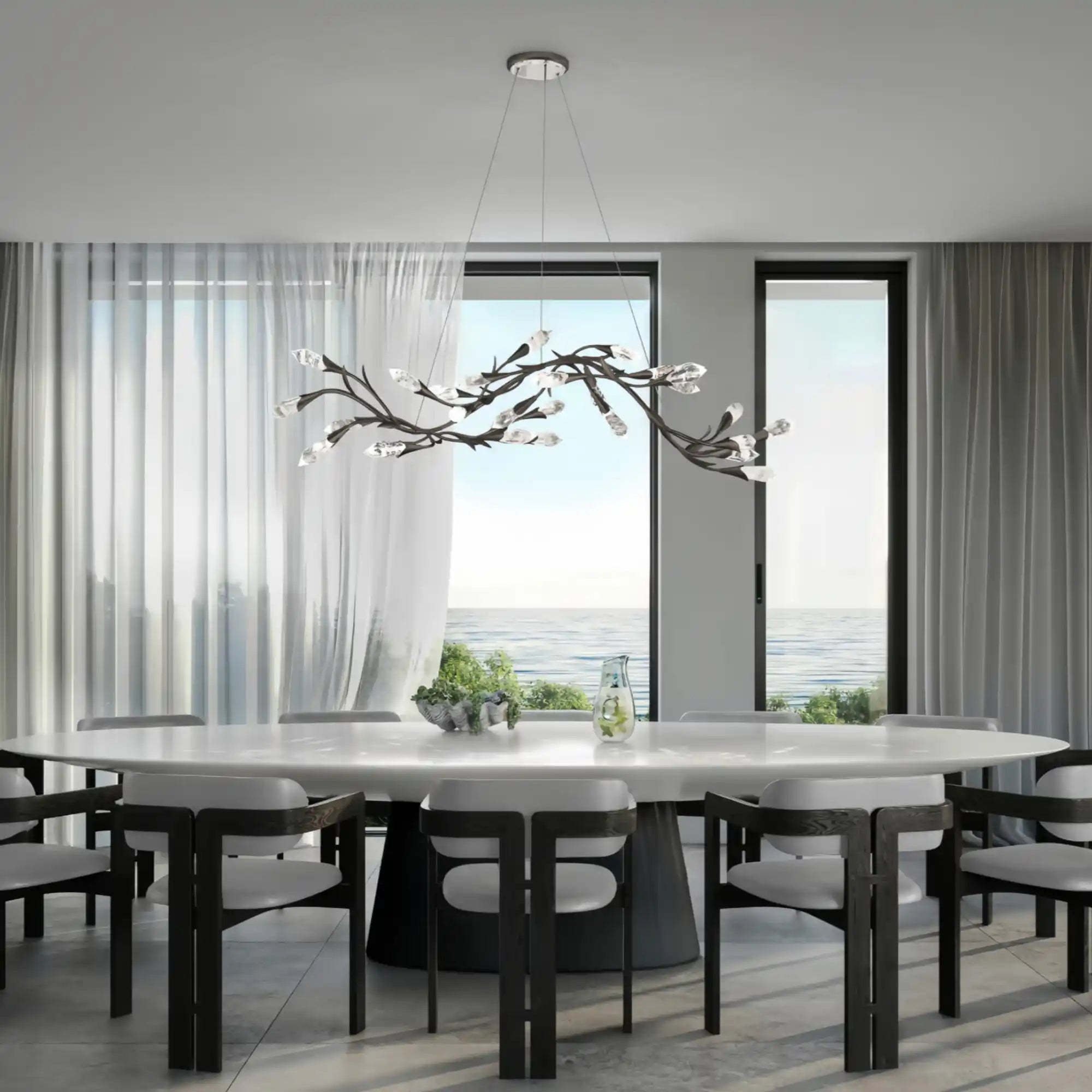 Modern Linear/Round Floral Branches Crystal Chandelier-Linear/L56.3"*W15.5"*H11.9"(L143cm*W39.4cm*H30.2cm)-Black-Warm Light-Blushlighting