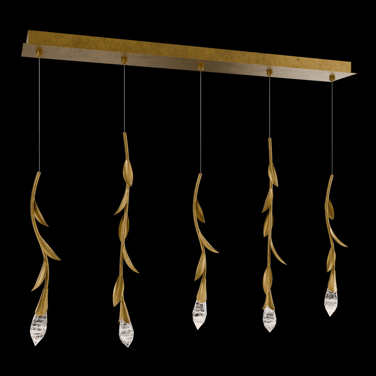 Modern Luxury Floating Branches Floral Crystal Chandelier with Rectangular Canopy for High-ceiling-5 Lights/L40"*W5.5"*H118.1"(L101.6cm*W14cm*H300cm)-Gold-Warm Light-Blushlighting