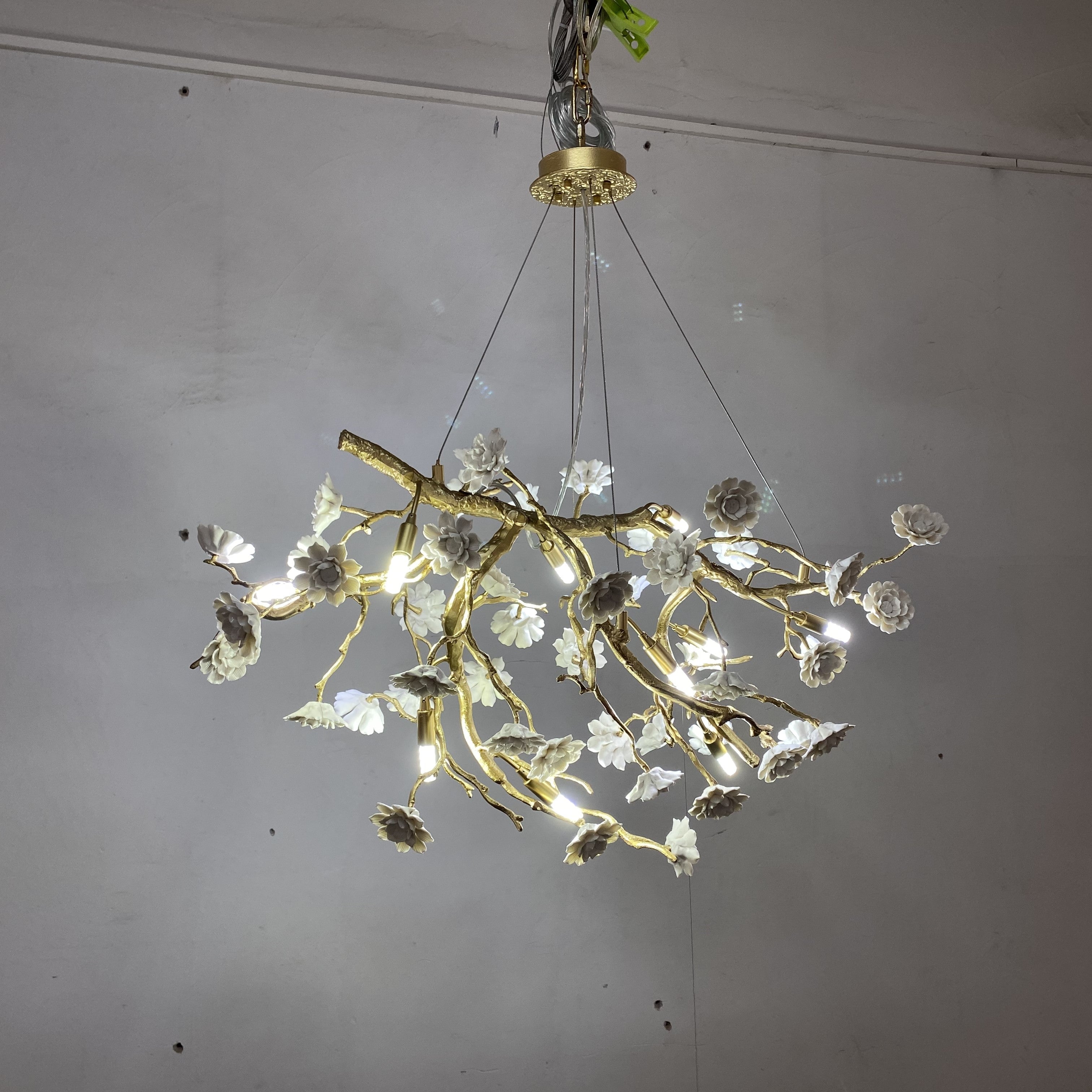 Post-Modern Art Brass and Ceramics Flower Pendant Branch Chandelier for Living/Dining Room-Chandeliers-Blushlighting