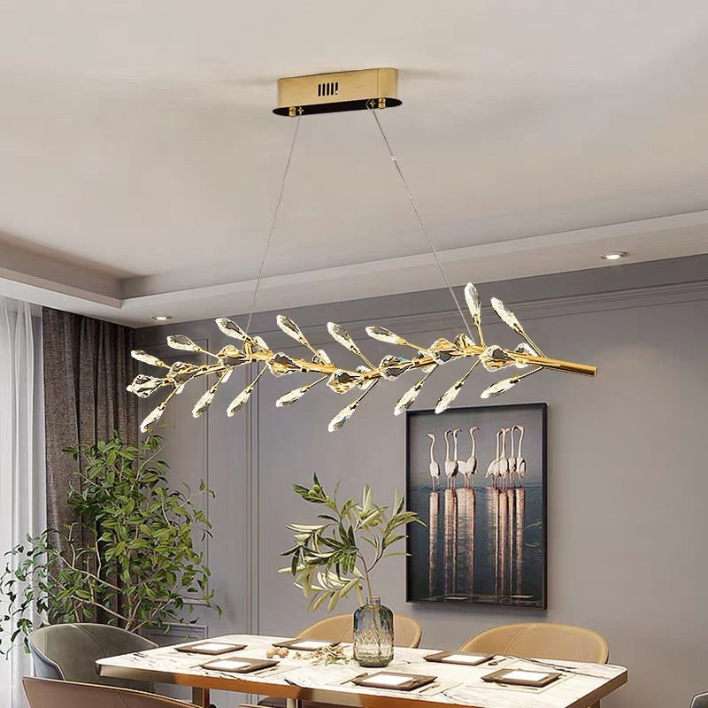 Sleek Modern Branch Crystal Leaves Linear Chandelier for Kitchen Island and Dining Room-Chandeliers-Blushlighting