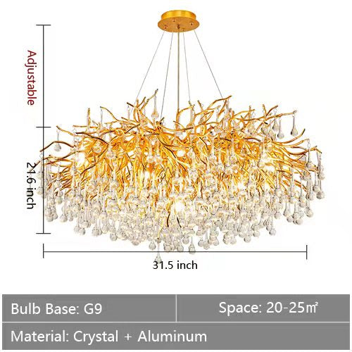 Stunning Tree Branch Crystal Chandelier with Clear Teardrop-shaped for Living/Dining Room-Chandeliers-Round D31.5”*H21.7”/10 Lights-Gold-White Light-Blushlighting