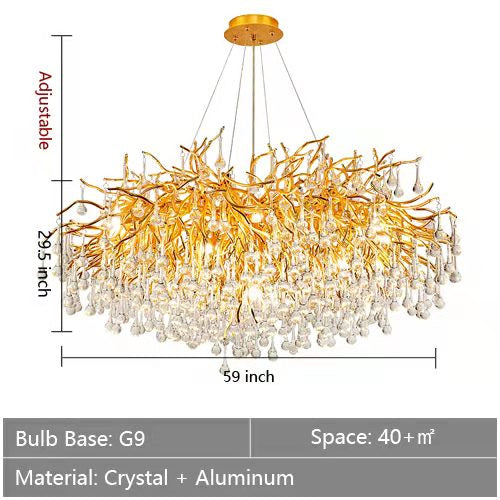 Stunning Tree Branch Crystal Chandelier with Clear Teardrop-shaped for Living/Dining Room-Chandeliers-Round D59.1”*H29.5”/24 Lights-Gold-Warm Light-Blushlighting