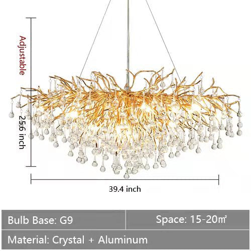 Stunning Tree Branch Crystal Chandelier with Clear Teardrop-shaped for Living/Dining Room-Chandeliers-Rectangle L39.4”*W25.6”*H25.6”/10 Lights/27kg-Gold-Warm Light-Blushlighting
