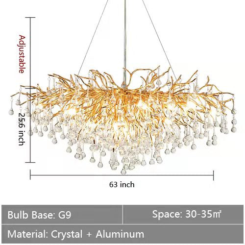 Stunning Tree Branch Crystal Chandelier with Clear Teardrop-shaped for Living/Dining Room-Chandeliers-Rectangle L63”*W25.6”*H25.6”/15 Lights-Gold-Warm Light-Blushlighting